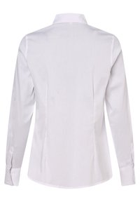 Camicia bianca a maniche lunghe realizzata in tessuto liscio, con colletto classico, polsini con bottoni e design della schiena sartoriale senza motivi visibili.