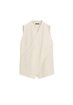 Ärmellose beige Wickelweste mit asymmetrischen Vorderseiten und einem V-förmigen Kragen, auf weißem Hintergrund dargestellt.