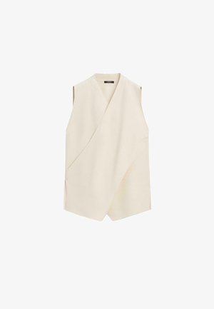 Ärmellose beige Wickelweste mit asymmetrischen Vorderseiten und einem V-förmigen Kragen, auf weißem Hintergrund dargestellt.