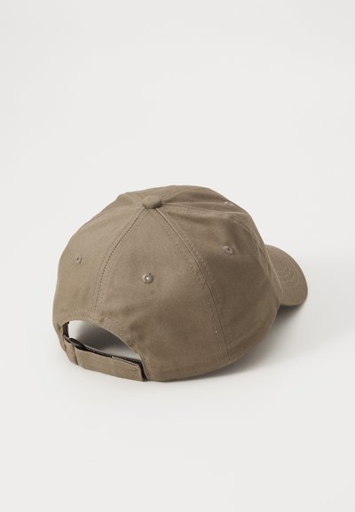 Khaki baseball cap made of cotton blend fabric. Features adjustable strap, six-panel design, ventilation eyelets, and stitched brim.