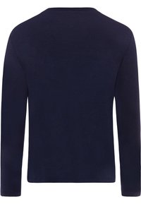 Camicia a maniche lunghe blu navy con scollatura rotonda, realizzata in tessuto morbido, con una texture liscia senza motivi o disegni visibili.