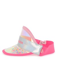 Ροζ σανδάλια με διαφανή, ιριδίζουσα ζώνη, ασημένιο λουράκι και πολύχρωμες τρίμματα ορατές μέσα στη σόλα. Μαλακή υφή και μοντέρνο σχέδιο.