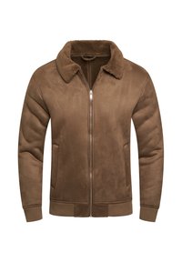 Braune Wildlederjacke mit Reißverschluss vorne, weichem Kragen, gerippten Bündchen und Saum. Ausgestattet mit seitlichen Taschen und einer glatten Oberflächenstruktur.