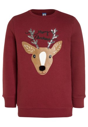 Rode trui met lange mouwen, versierd met een rendiergezicht, glinsterende gewei, een zwarte pompon-neus en de tekst "Vrolijk Kerstfeest" boven het hoofd.