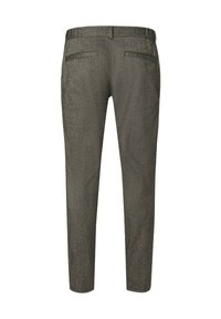 Schmal geschnittene Hose aus dunkelgrauem Stoff mit strukturiertem Finish, ausgestattet mit zwei Gesäßtaschen und einem geraden Bein.