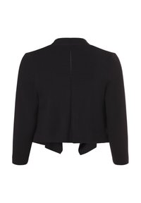 Zwarte cropped jack met lange mouwen, geribbelde textuur, open rugontwerp en een splitzoom. Minimalistische en veelzijdige stijl.