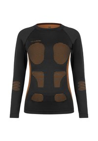 Black long-sleeve top featuring horizontal brown striped accents, ergonomic design lines, and a crew neck. Soft, textured fabric.