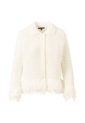 White knitted button-up cardigan with collar, featuring a waffle texture and fringed cuffs and hem.