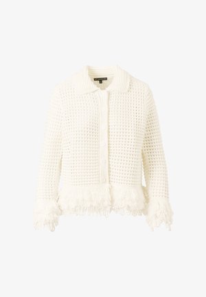 Weißer gestrickter Cardigan mit Knöpfen und Kragen, versehen mit einer Waffelstruktur sowie Fransen an Bündchen und Saum.