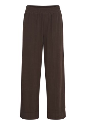 Donkerbruine wijde broek van lichtgewicht stof. Voorzien van een elastische tailleband en een geplooide zoom aan de onderkant van de pijpen.