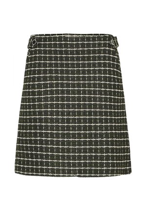 Dark green and white checkered tweed skirt with buttoned waist tabs, straight cut, above-knee length.