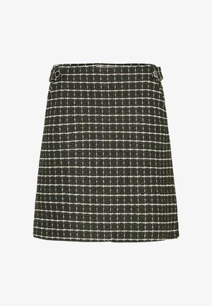 Ciemnozielona i biała spódnica w kratkę z tweedu z zapinanymi na guziki paskami w talii, prosty krój, długość powyżej kolan.