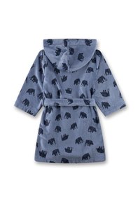 Kapuze Badewanne in weichem blauen Stoff mit einem wiederholten Elefantenmuster in dunklerem Blau. Inklusive Bindegürtel und langen Ärmeln.