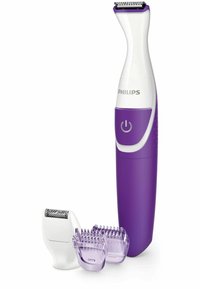 Tondeuse Philips avec un corps en plastique blanc et violet, un design courbé, une tête de coupe en métal et des têtes d'attache violet et blanc incluses.