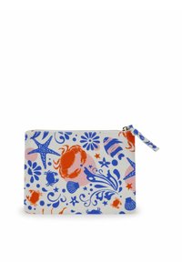 Canvas zip zakje met een witte basis en kleurrijke zeethema patronen, waaronder krabben, vissen en zeesterren in blauwe en oranje tinten.