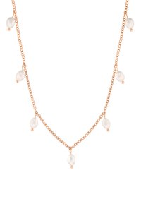 Collana a catena in oro rosa con perle bianche irregolari e dettagli dorati, caratterizzata da un design delicato a maglie e una finitura texturizzata.