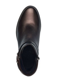 Bottine en cuir marron avec une finition lisse, bout arrondi, fermeture éclair sur le côté et doublure intérieure douce pour le confort.