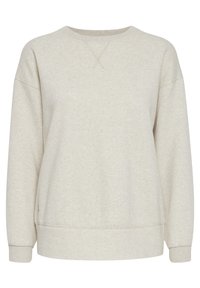 Lys beige hettegenser med rund hals, lange ermer og ribbede mansjetter. Har et mykt, teksturert stoff med en avslappet passform.