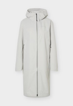 Imperméable long gris clair avec capuche, fermeture éclair complète à l'avant et poches latérales zippées, conçu pour une utilisation en extérieur.