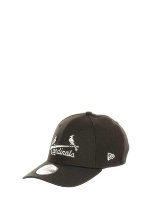 Black cap with embroidered Cardinals logo featuring cardinal birds and text. Made of fabric, with a curved brim and adjustable back.