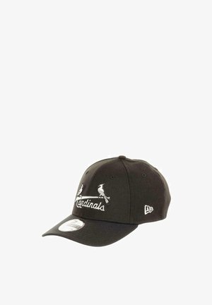 Black cap with embroidered Cardinals logo featuring cardinal birds and text. Made of fabric, with a curved brim and adjustable back.