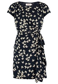 Robe portefeuille bleu marine à manches courtes avec imprimé papillon crème et détail lien sur le côté, longueur genou, col rond.