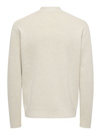 Pull beige clair en maille texturée, avec manches longues et col haut. Vue de dos montrant une silhouette épurée et simple.