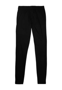 Leggings neri elasticizzati con vita elasticizzata, texture liscia, design a lunghezza totale, senza motivi o decorazioni.
