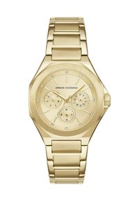 Gouden Armani Exchange-horloge met drie subdials, kristallen uurmarkeringen en een metalen schakelarmband.