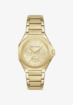 Reloj de pulsera dorado Armani Exchange con tres subesferas, marcadores de hora de cristal y pulsera de eslabones metálicos.