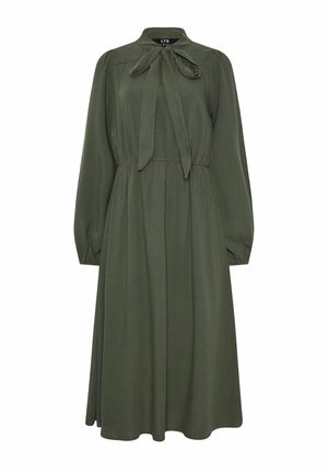 Oliwkowa sukienka midi z długim rękawem, z marszczoną talią i kokardą przy kołnierzyku, z zwiewną spódnicą i elastycznymi mankietami.