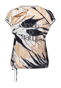 Short-sleeve top in lightweight fabric with a beige, black, and white leaf print. Features "Beauty of Nature" text and adjustable drawstring hem.
