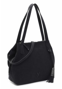 Borsa tote nera in sintetico con superficie testurizzata, doppio manico, chiusura con zip e un accento di nappina pendente. Presenta un logo discreto sul davanti.