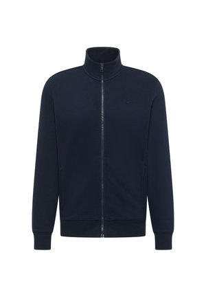 Navy blue full-zip jacket with high collar, long sleeves, ribbed cuffs, and subtle logo on left chest.