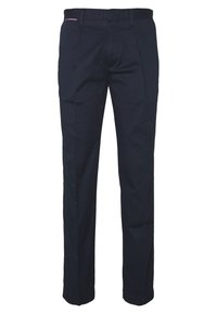 Granatowe spodnie z mieszanki bawełny. Charakteryzują się prostym krojem, szlufkami na pasek oraz bocznymi kieszeniami, a także subtelnym czerwonym akcentem na pasku.