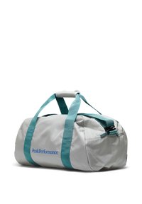 Gray duffel bag with teal straps, rounded design, zipper closure, and "PeakPerformance" logo in blue. Made of durable material.