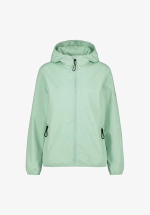 Lichtgroen capuchonjack met rits aan de voorkant en ritssluitingen op de zijzakken, elastische manchetten en verstelbare trekkoorden aan de capuchon en zakken.