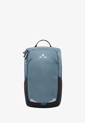 Blue fabric backpack with black accents, rectangular shape, top handle, two zippered compartments, logo on front, textured surface.