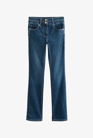 Tamsiai mėlyni džinsai su tiesių kojų dizainu, turintys dviejų mygtukų užsegimą, penkias kišenes ir subtilius siuvimo akcentus.