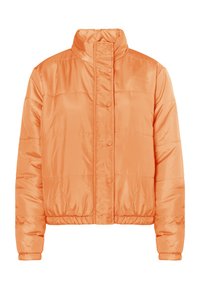 Jachetă pufoasă scurtă, de culoare portocalie, confecționată din nylon lucios. Are guler înalt, închidere cu nasturi și manșete și tiv elastic.