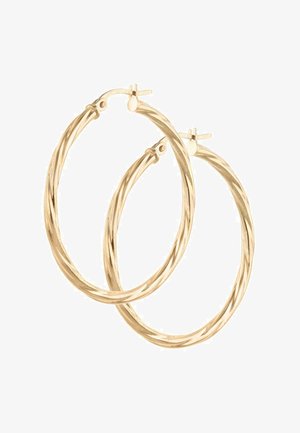 Orecchini a cerchio in tono dorato con design attorcigliato, superficie liscia e chiusura a moschettone per una tenuta sicura.