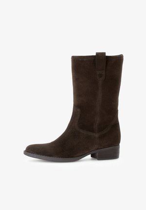 Brown suede ankle boot with a smooth texture, squared toe, and low stacked heel. Features a side pull tab and minimal stitching detail.