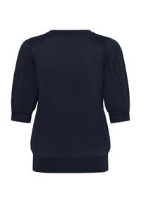 Pull bleu marine à manches courtes avec manches bouffantes côtelées, col rond et ourlet côtelé, vu de dos sur un fond blanc.
