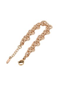 Guldtonet metalarmbånd med sammenkoblede ovale led, der har en tekstureret overflade. Inkluderer en krabbe-klip og justerbar kædeforlængelse.