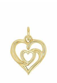 Pendente a forma di cuore placcato in oro con cuori intrecciati, finitura liscia e anello superiore per fissaggio.