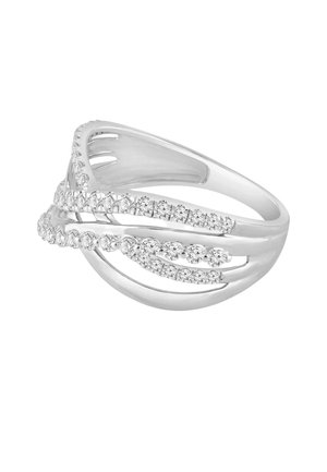 Silberner Ring mit drei verdrehten Bändern, jedes verziert mit einer Reihe kleiner runder klarer Edelsteine.