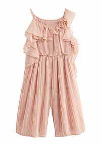 Rompers à volants rose pâle avec un corsage ajusté, un short plissé et un accent floral à l'épaule. Fabriqué en tissu léger.