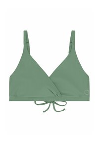 Top bikini a triangolo verde realizzato in tessuto liscio. Presenta spalline regolabili e un dettaglio annodato al centro sotto il busto con logo.