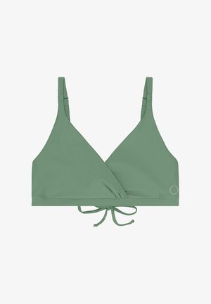 Zeleni trikotni bikinijasti top izdelan iz gladkega materiala. Ima nastavljive naramnice in zavezovanje v sredini pod prsmi s podrobnostmi logotipa.