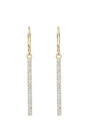 Boucles d’oreilles gouttes en or avec une rangée verticale de pierres précieuses blanches rondes, équipées de fermoirs à levier.